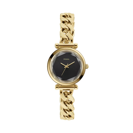 Gold chain-link watch with black face on a white background