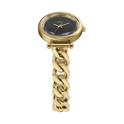 Gold watch with chain strap on a white background