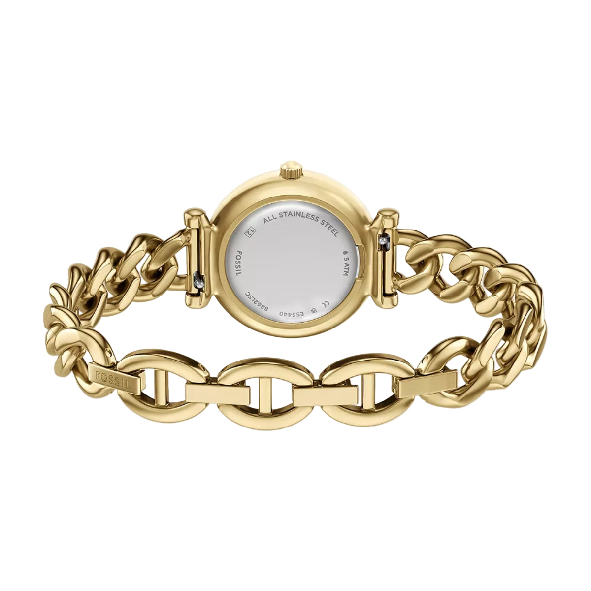 Gold chain-link watch on a white background