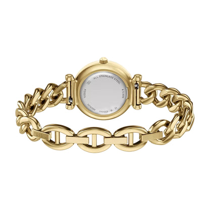 Gold chain-link watch on a white background