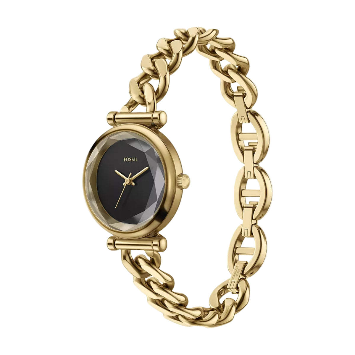 Gold chain-link watch with black face on a white background