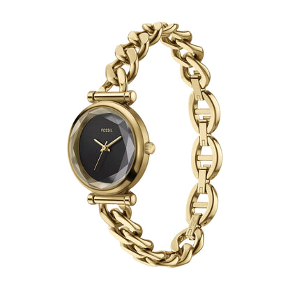 Gold chain-link watch with black face on a white background