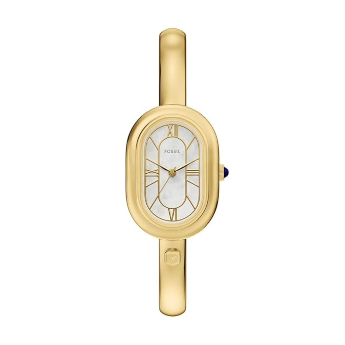 Gold wristwatch with a white face on a white background