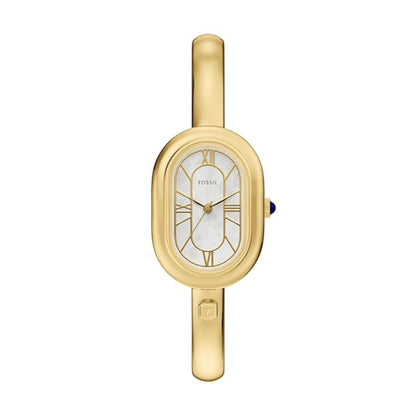 Gold wristwatch with a white face on a white background