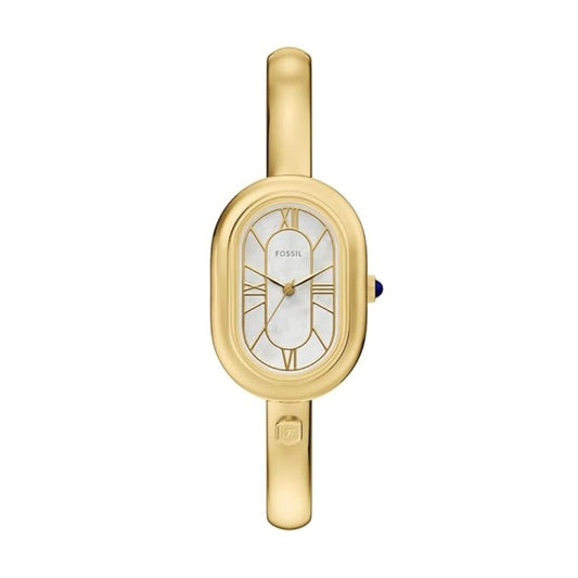 Gold wristwatch with a white face on a white background