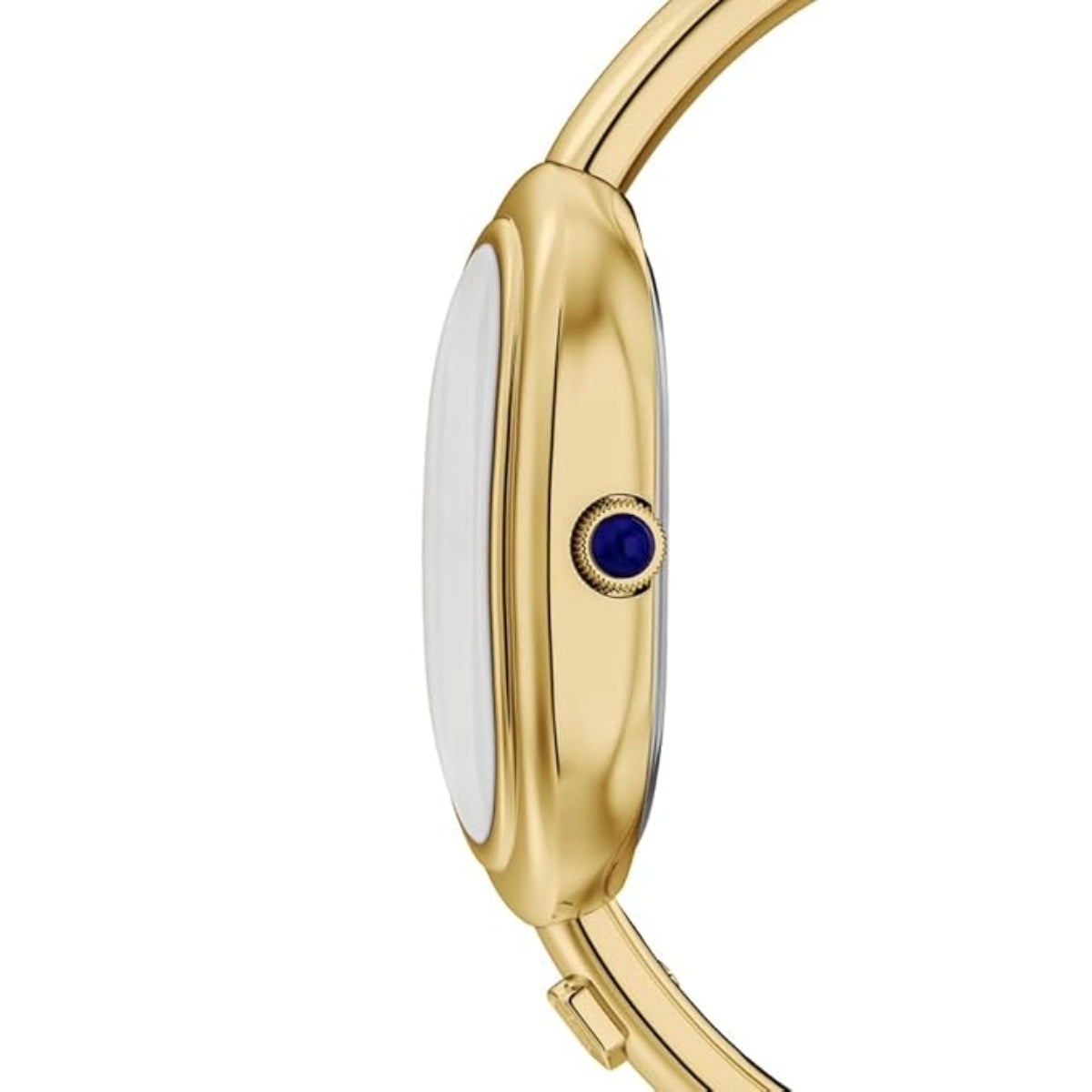 Gold watch with a blue gemstone on a white background