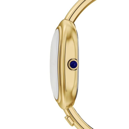 Gold watch with a blue gemstone on a white background