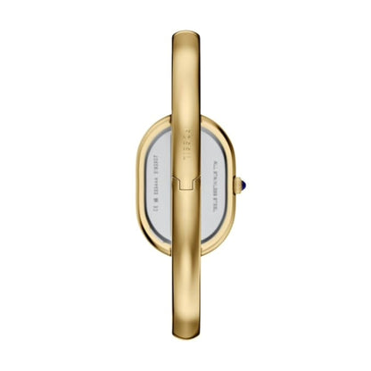 Gold watch with a white face on a white background