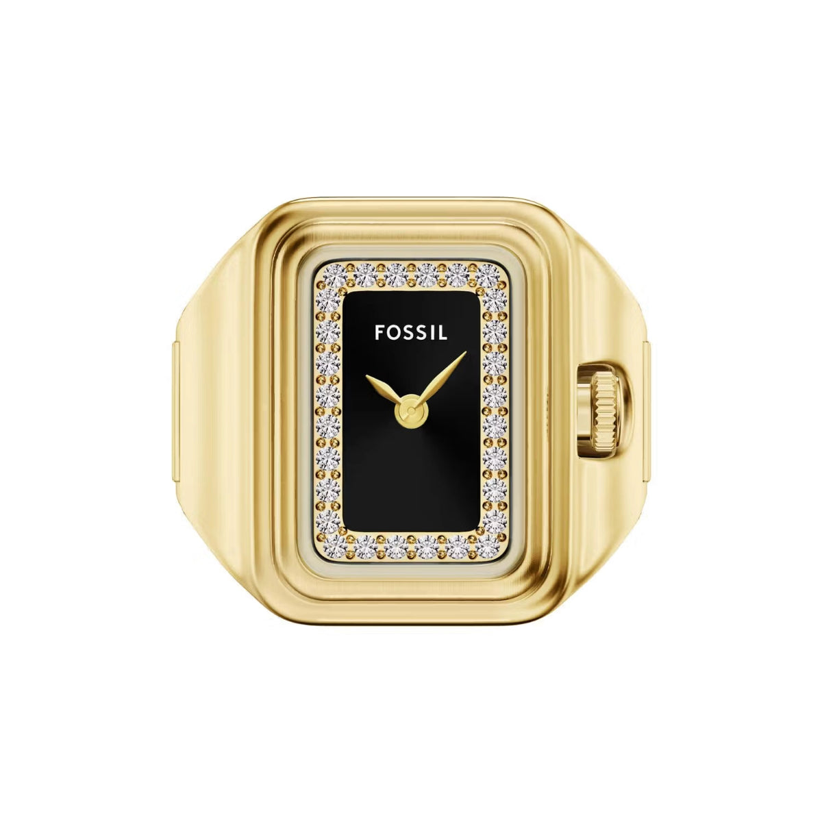 Gold Fossil watch with black face on a white background