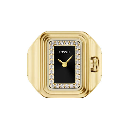 Gold Fossil watch with black face on a white background