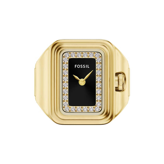 Gold Fossil watch with black face on a white background