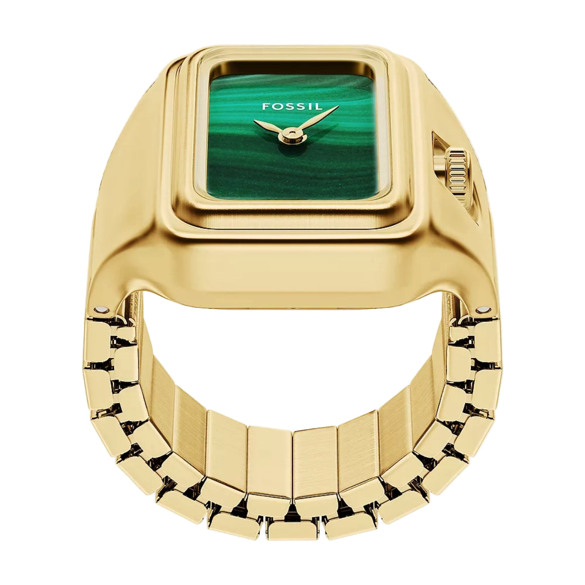 Gold watch with green face and 'Fossil' branding on a white background