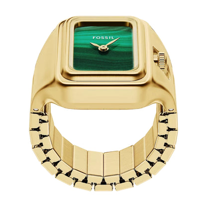 Gold watch with green face and 'Fossil' branding on a white background