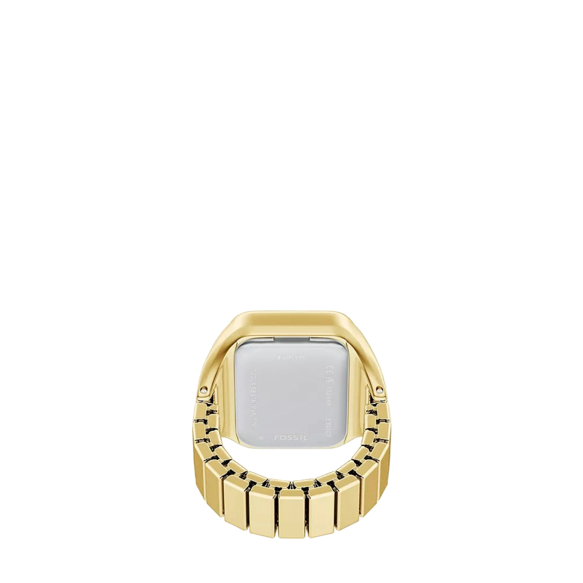 Gold ring with a square silver center on a white background