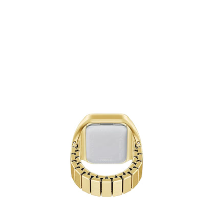 Gold ring with a square silver center on a white background