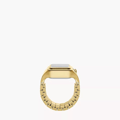 Gold ring with a textured band on a white background