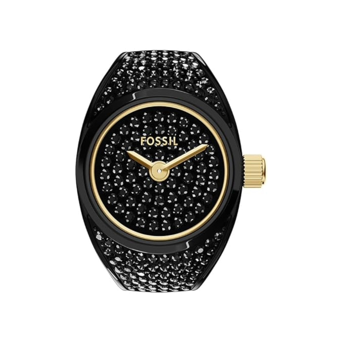 Fossil watch with black face and case, gold accents on a white background