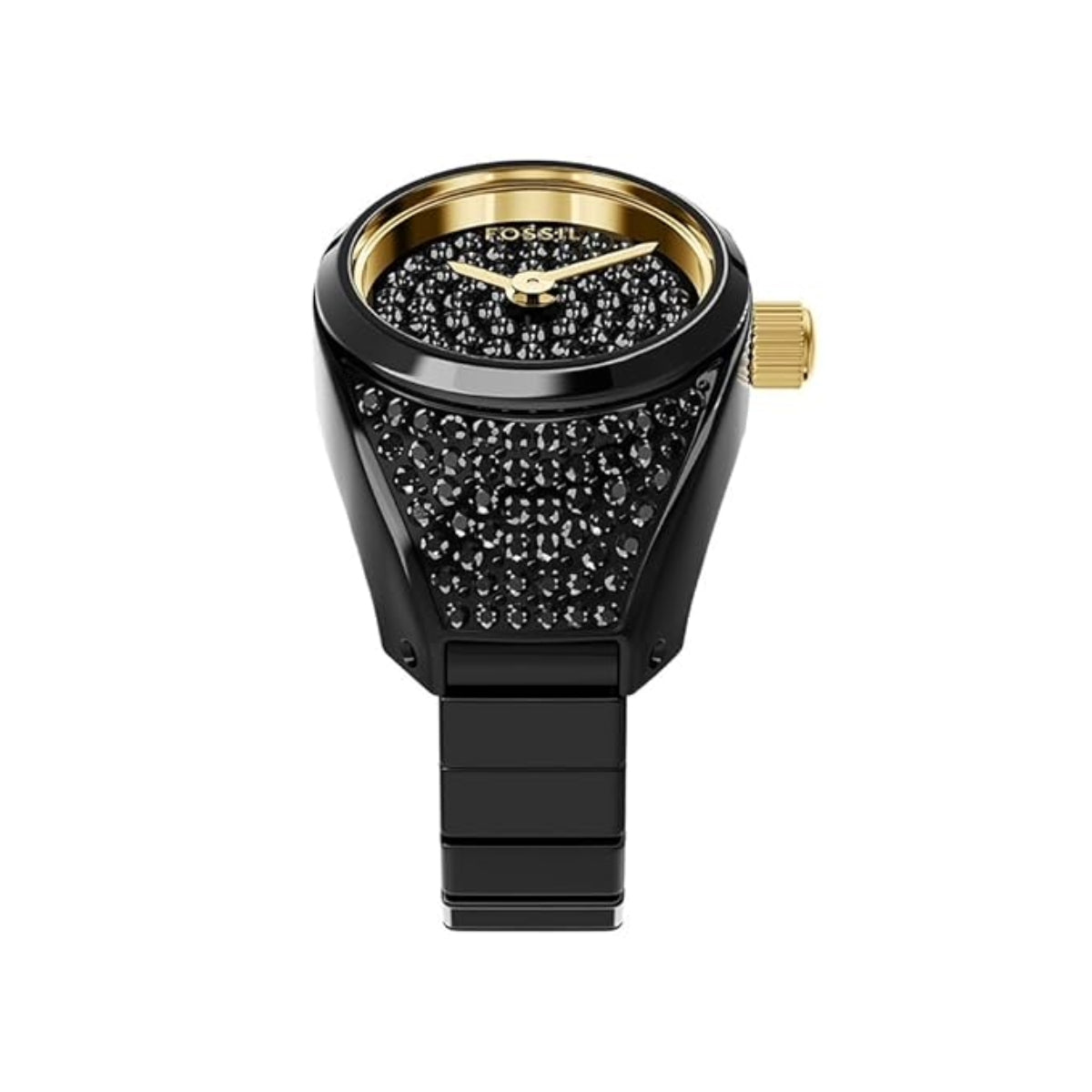 Black and gold watch with decorative face on a white background