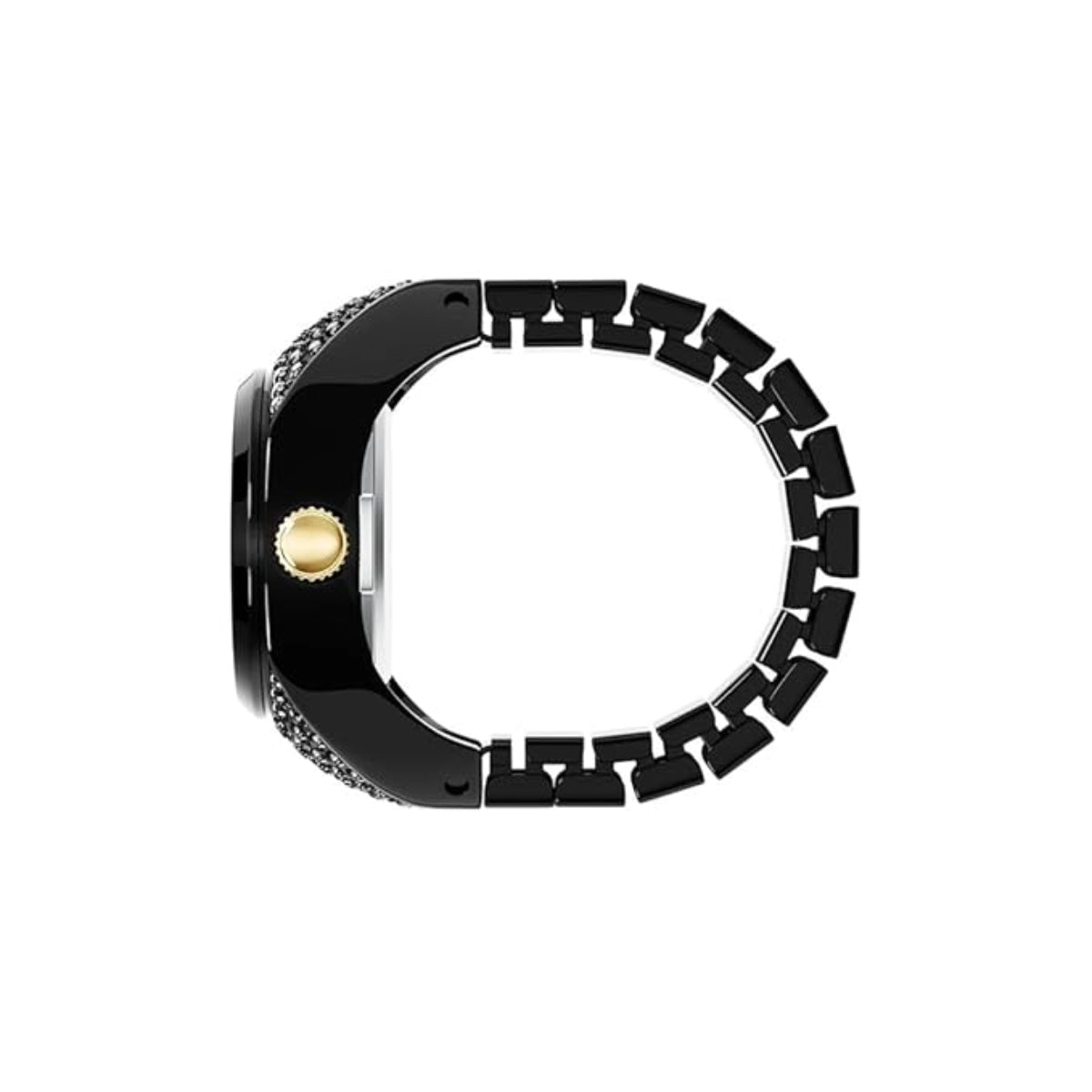 Black watch case with gemstones on a white background