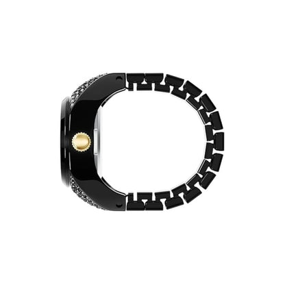 Black watch case with gemstones on a white background