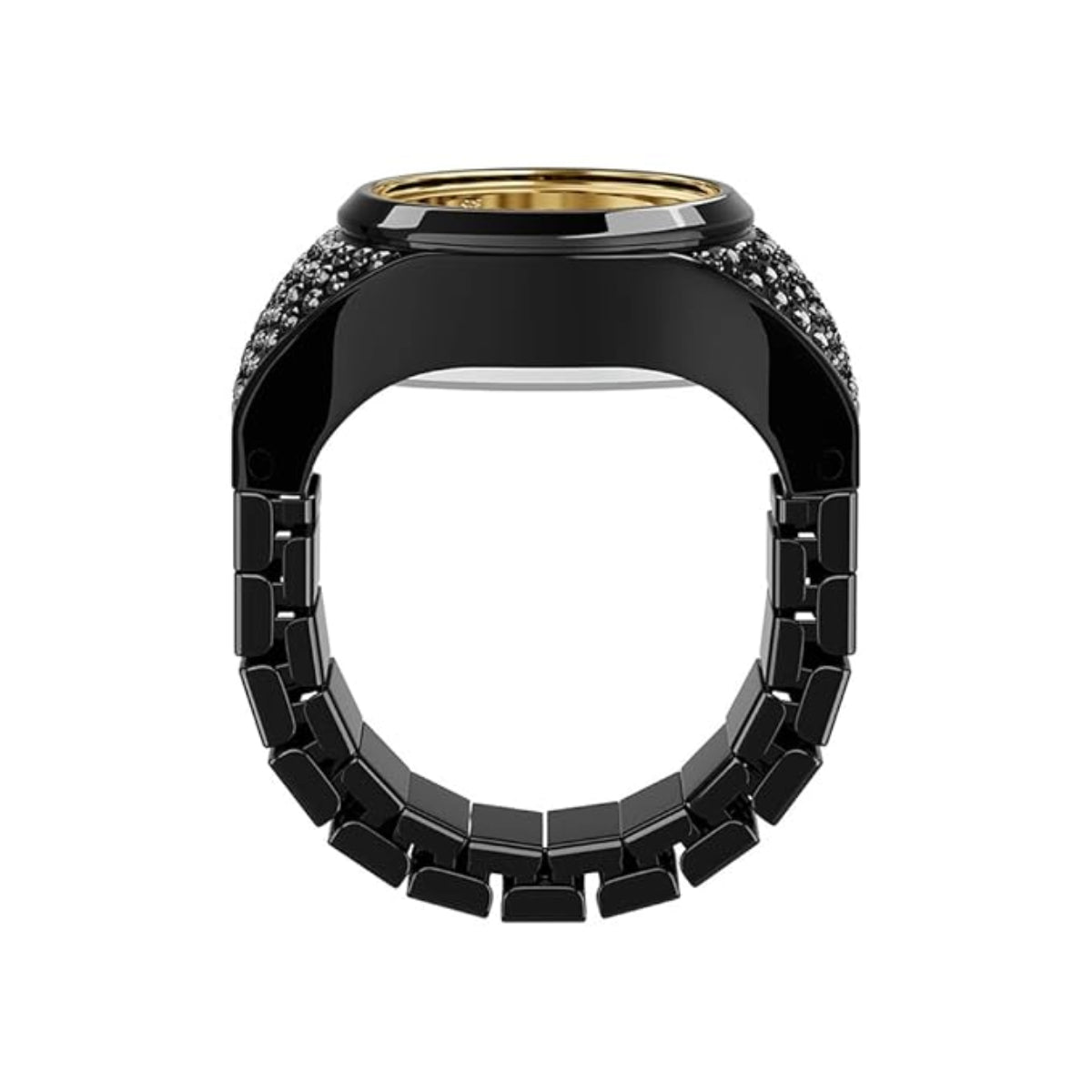 Black and gold ring with gemstone accents on a white background