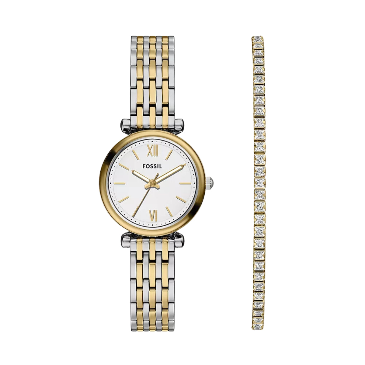 Fossil watch and bracelet set on a white background