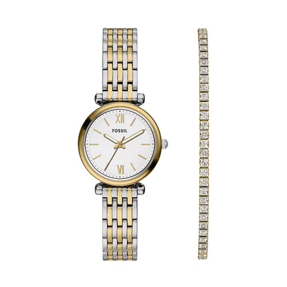 Fossil watch and bracelet set on a white background