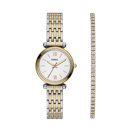 Fossil watch and bracelet set on a white background