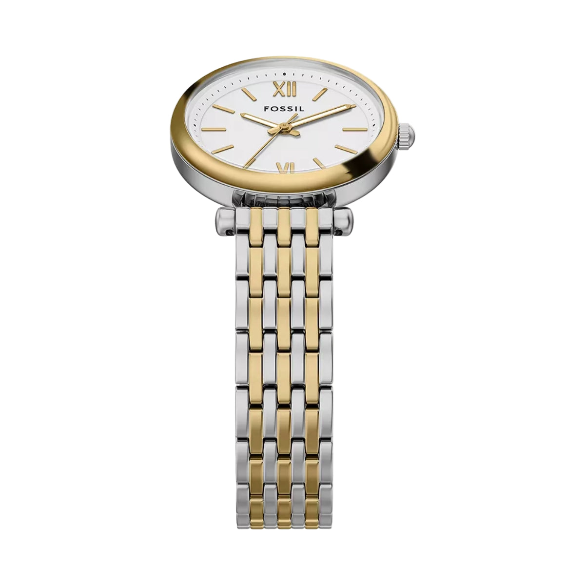 Fossil watch with two-tone metal bracelet on a white background