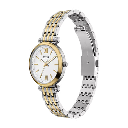 Two-tone Fossil watch with gold and silver band on a white background