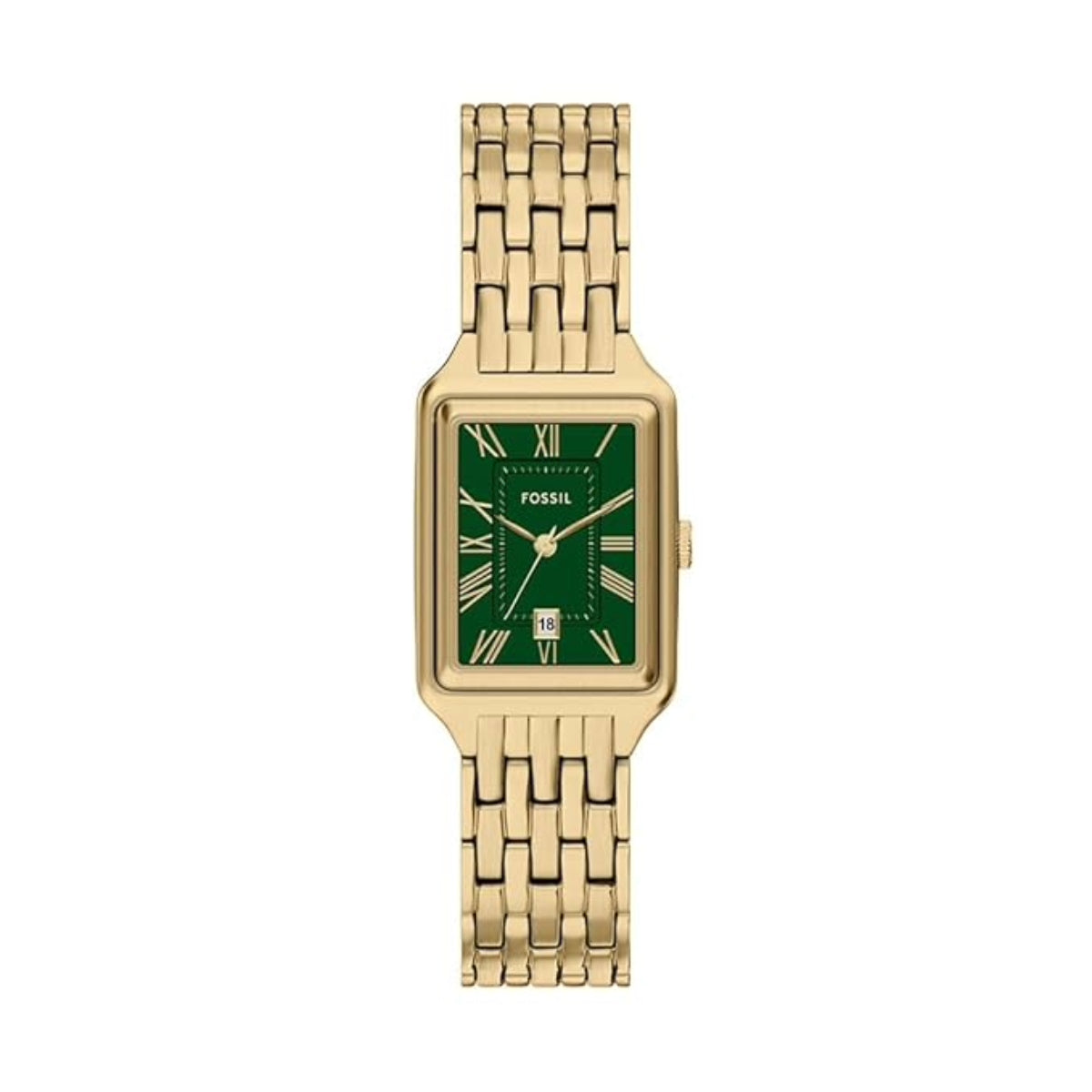 Gold watch with green face on a white background