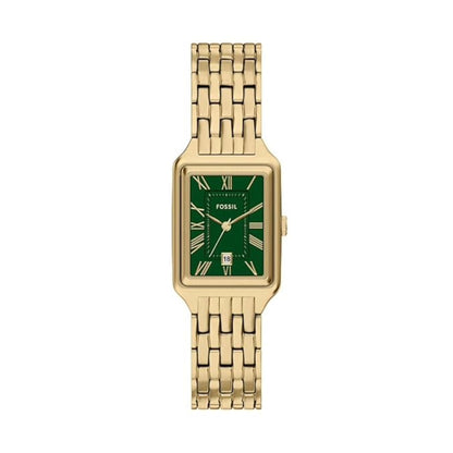 Gold watch with green face on a white background