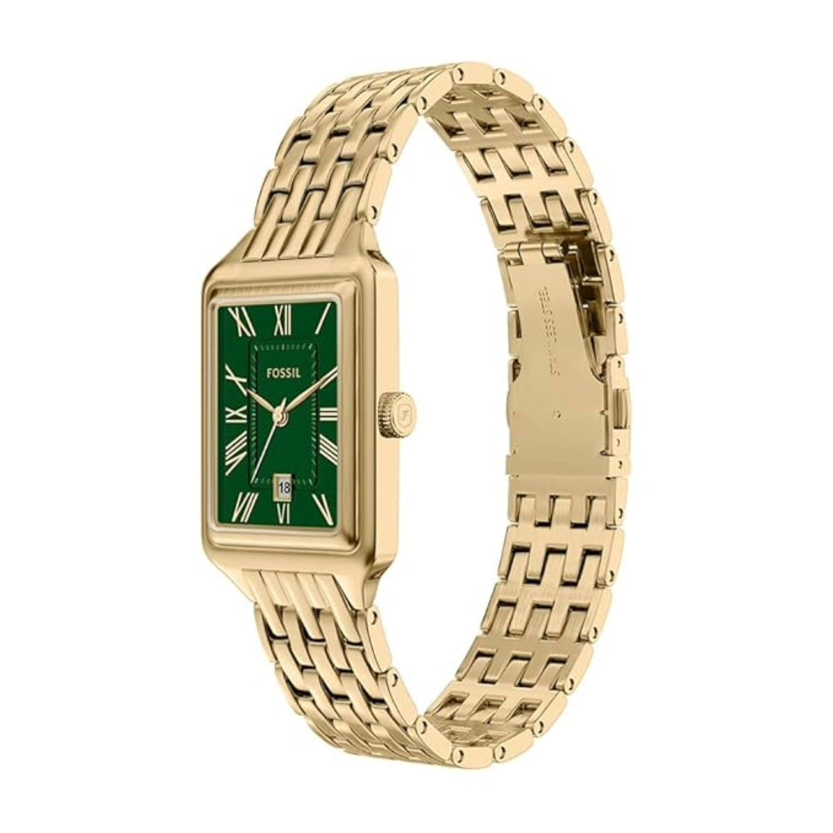 Gold watch with green face on a white background