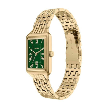 Gold watch with green face on a white background