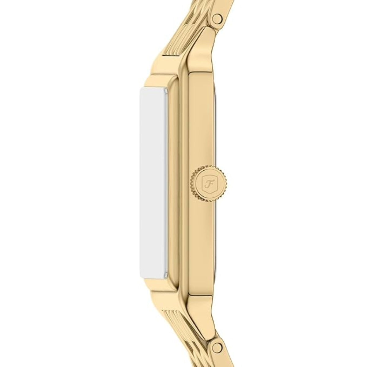 Gold watch with a white face on a white background