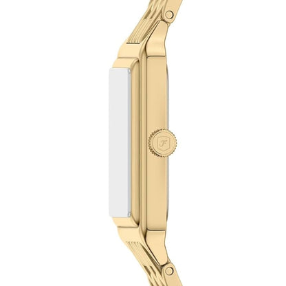 Gold watch with a white face on a white background
