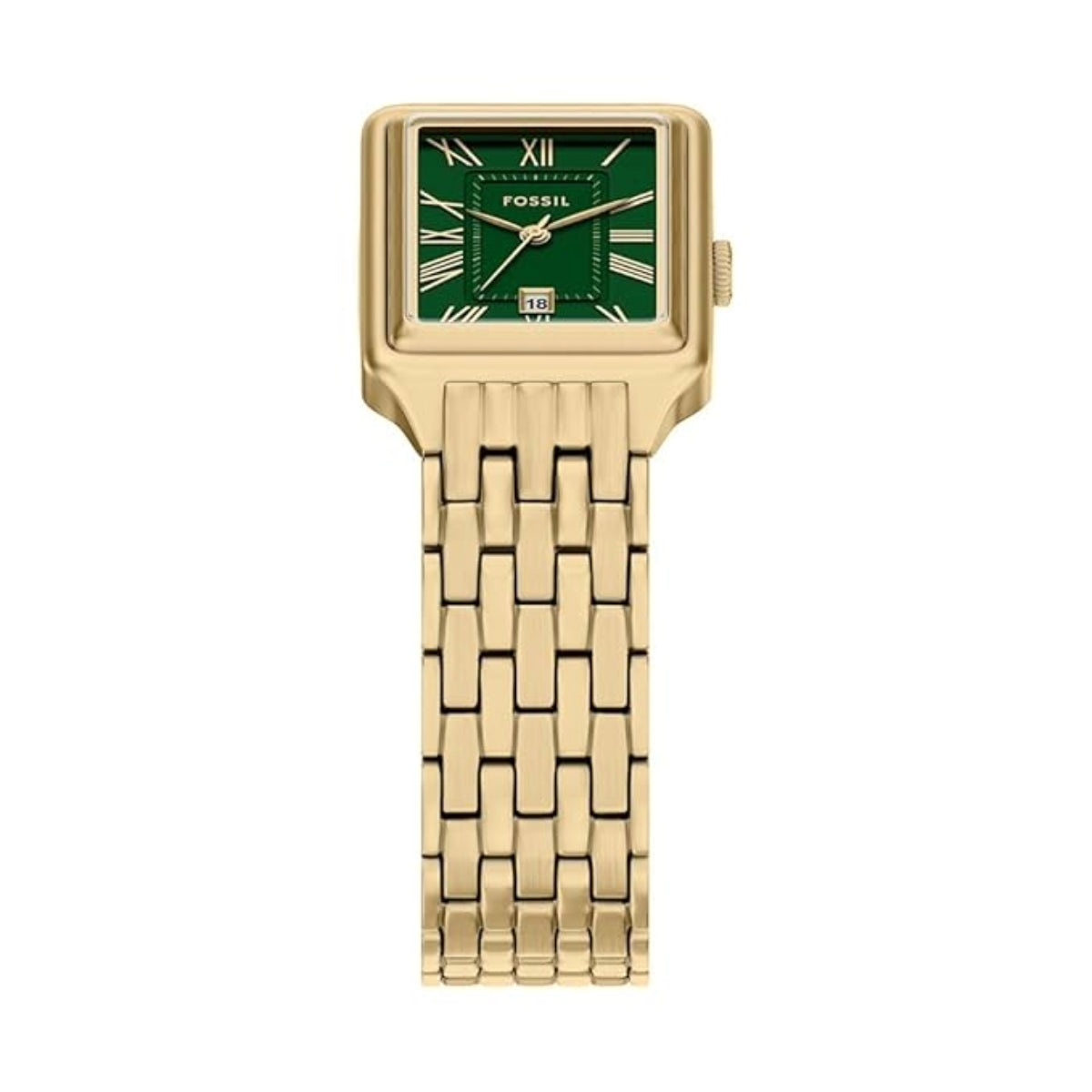 Gold watch with green face on a white background