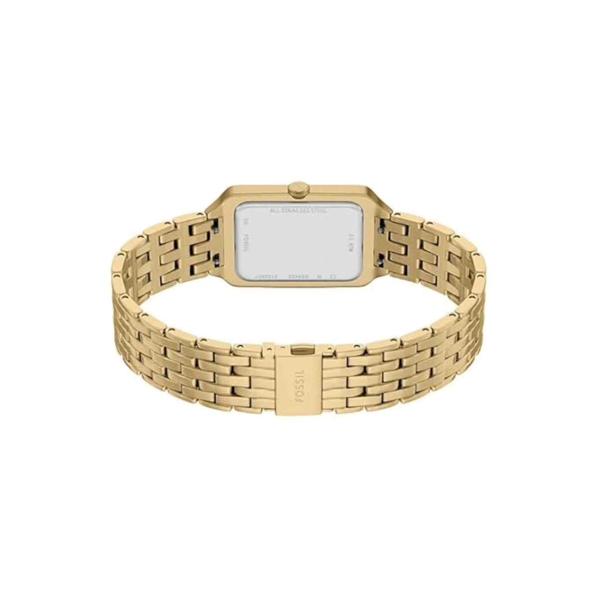 Gold watch with a rectangular face on a white background