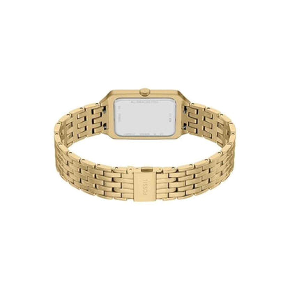 Gold watch with a rectangular face on a white background
