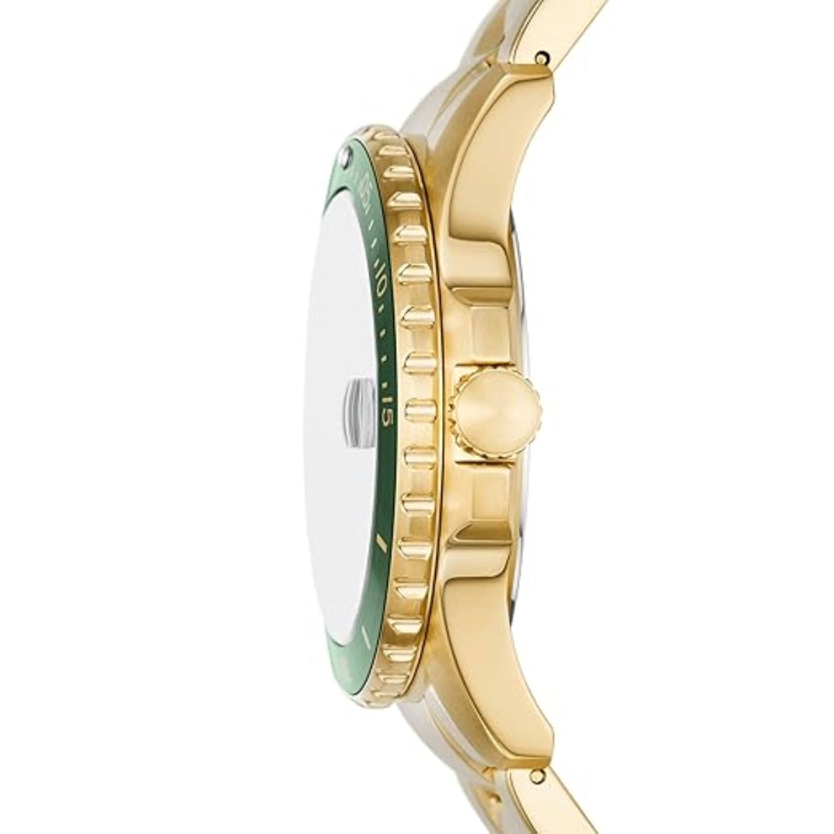 Gold watch with a green face on a white background