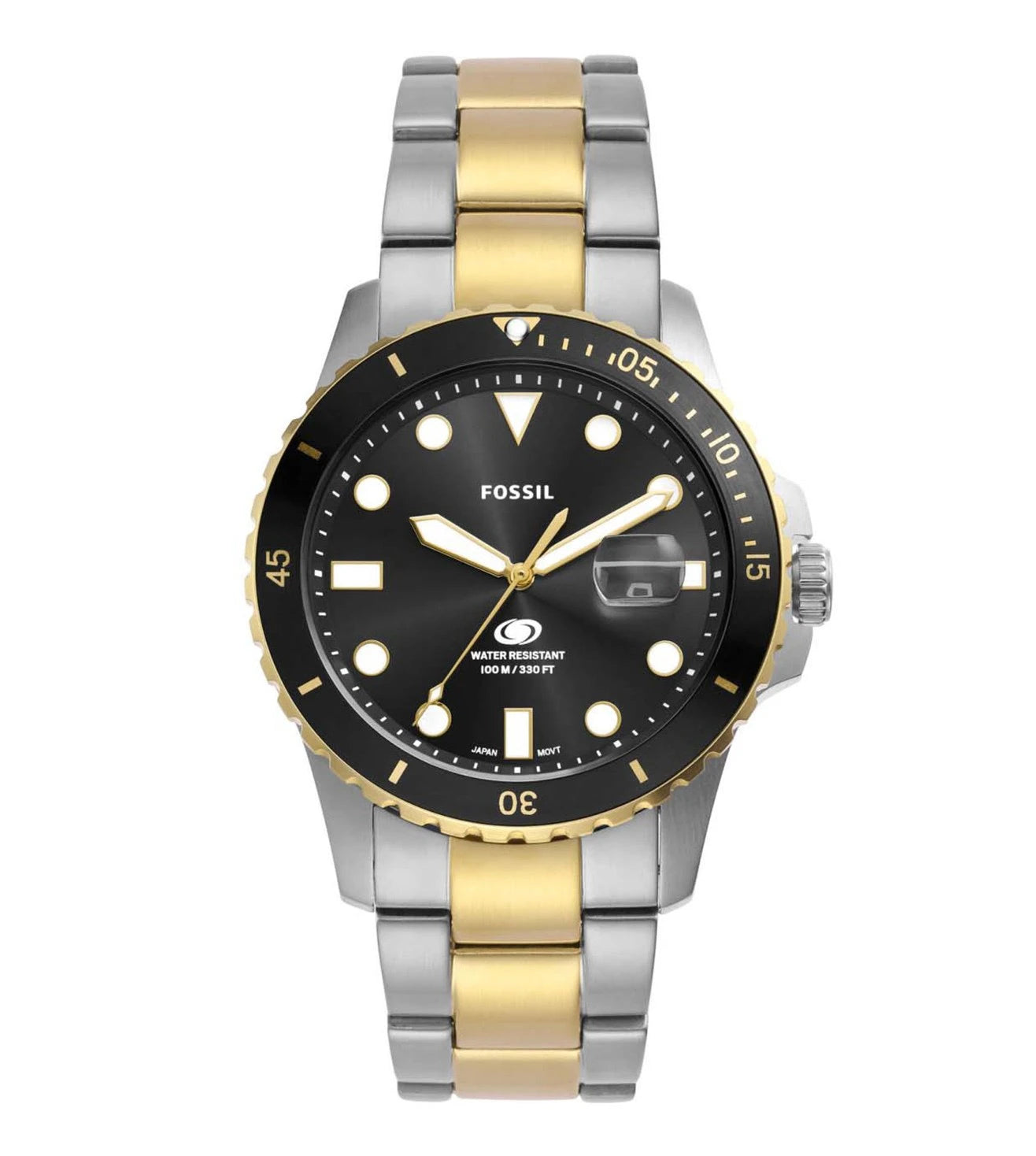 A Fossil dive-style analog watch with a black dial, two-tone stainless steel bracelet, and gold bezel.
