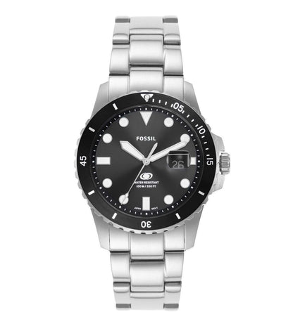 A Fossil analog watch for men with a black dial, stainless steel strap, and a quartz movement.