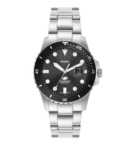 A Fossil analog watch for men with a black dial, stainless steel strap, and a quartz movement.