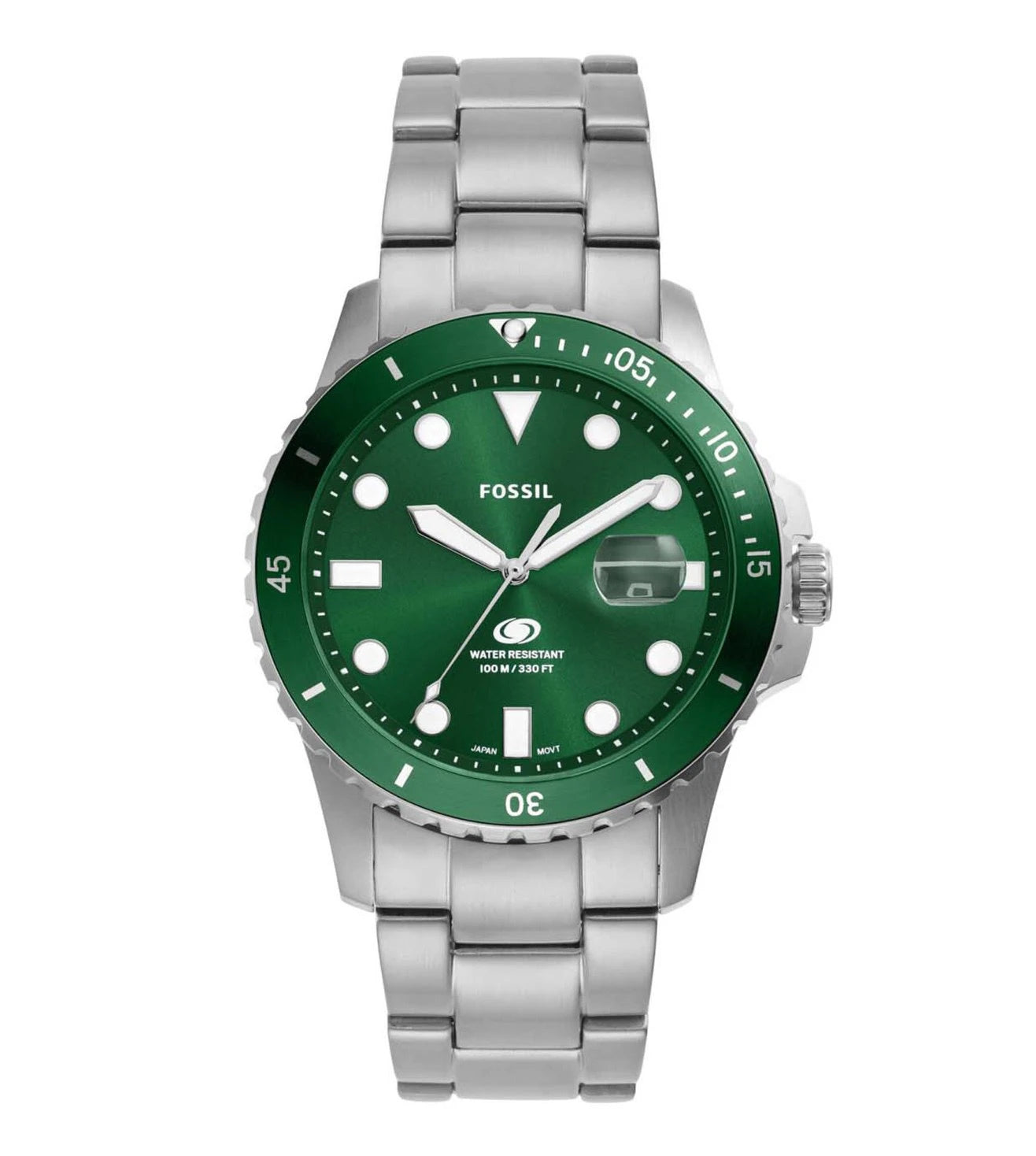 A silver-toned Fossil dive analog watch with a green dial and a stainless steel bracelet.