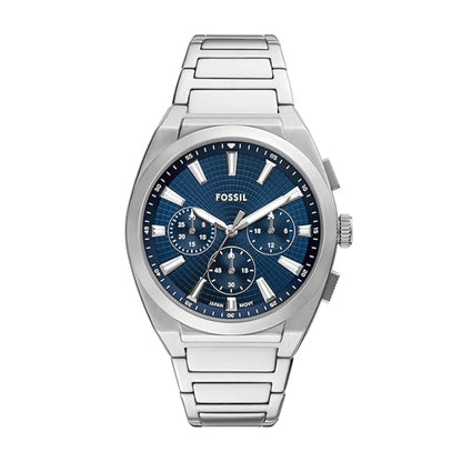 Fossil watch with blue face and silver metal strap on a white background