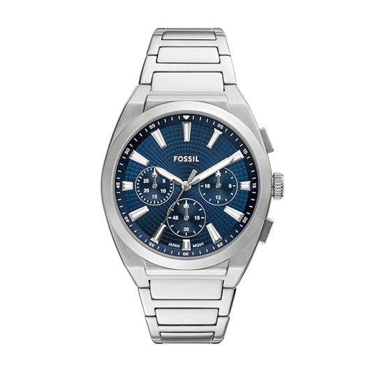 Fossil watch with blue face and silver metal strap on a white background