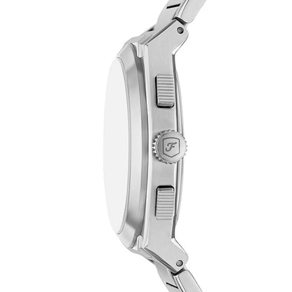 Close-up of a silver watch with brand logo on a white background