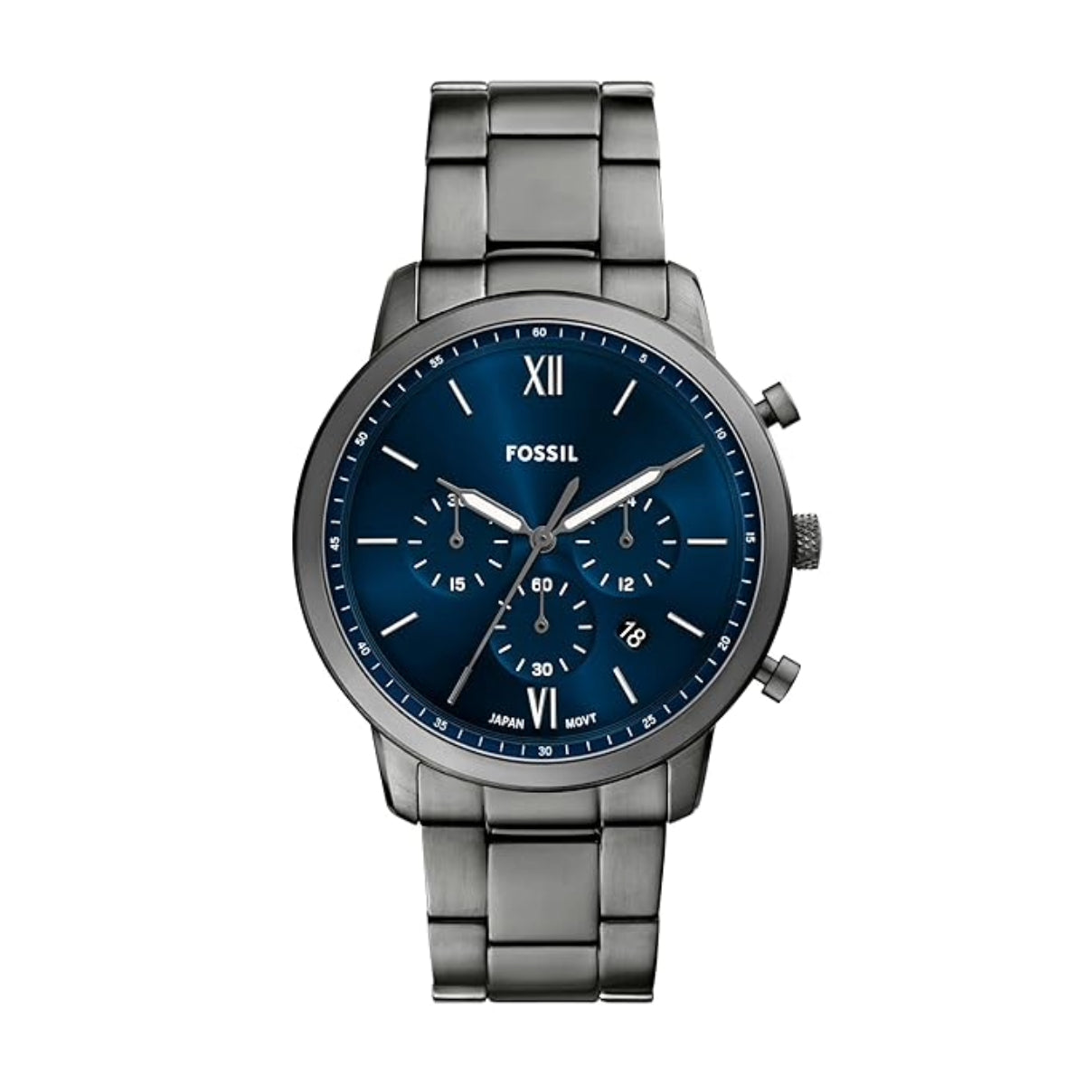 Fossil watch with blue dial and silver metal band on a white background