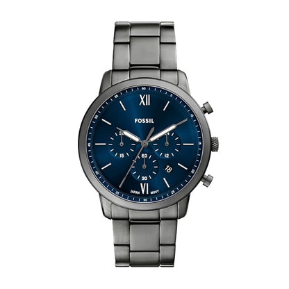 Fossil watch with blue dial and silver metal band on a white background