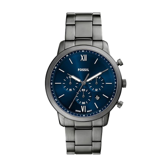 Fossil watch with blue dial and silver metal band on a white background